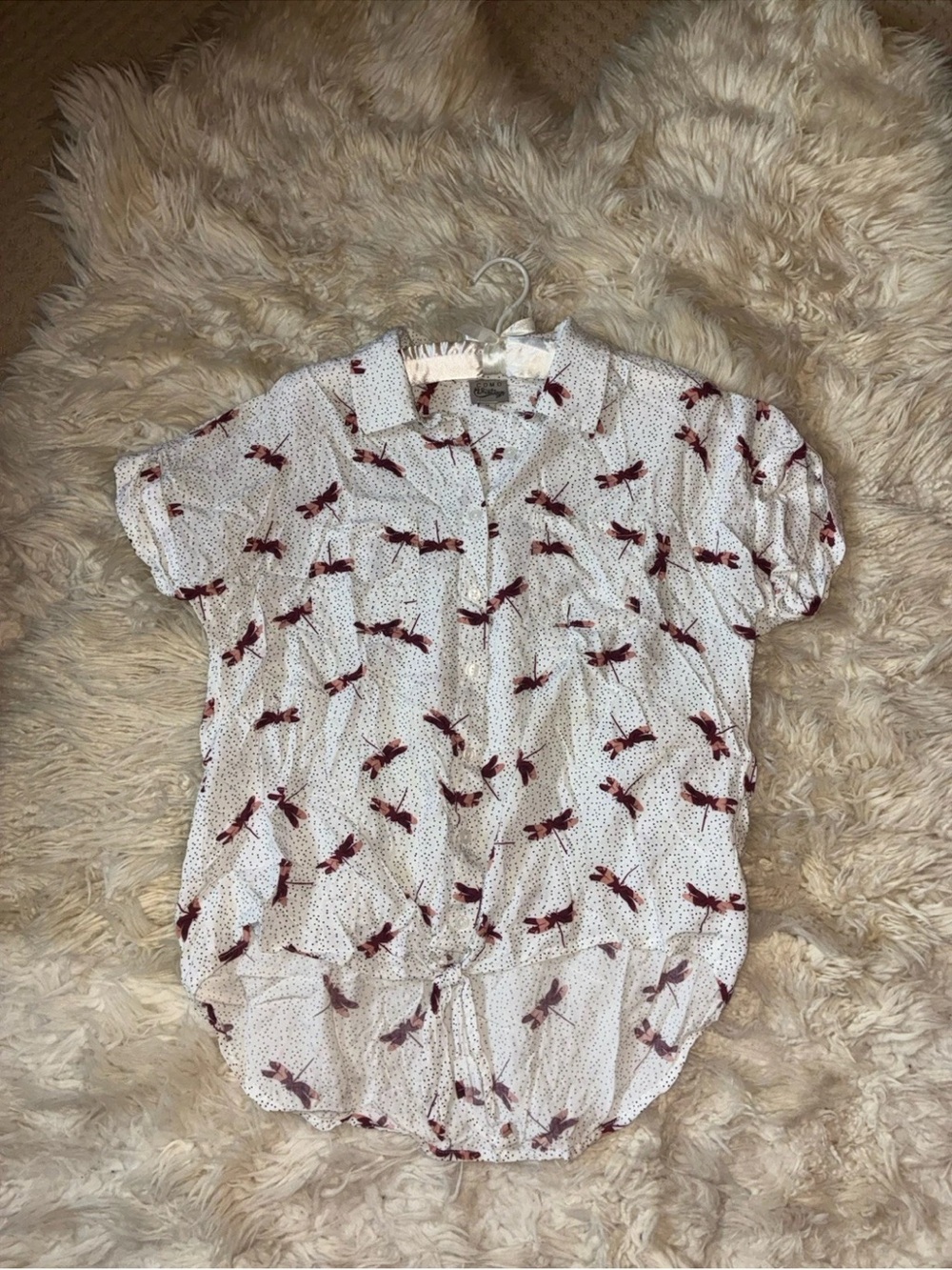 Como Vintage Women’s White/Burgundy Polka Dot Dragonfly Collared Blouse Size M